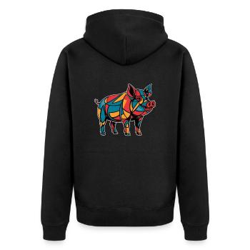 Buntes Geometrisches Bauernhoftier Grafik Schwein - Unisex Premium Bio Zip Hoodie - Schwarz - Hinten - Nico (187cm)