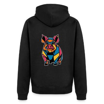 Buntes Geometrisches Bauernhoftier Grafik Schwein - Unisex Premium Bio Zip Hoodie - Schwarz - Hinten - Nico (187cm)