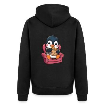 Süßer Pinguin mit Snacks auf Sessel - Unisex Premium Bio Zip Hoodie - Schwarz - Hinten - Nico (187cm)