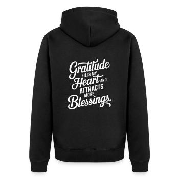 Manifesting Abundance Quote: Gratitude Fills - Unisex Premium Organic Zip Hoodie - black - Back - Nico (187cm)