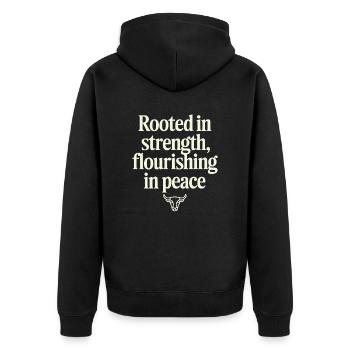 Stier Sternzeichen: Verwurzelt in Stärke, Blühend - Unisex Premium Bio Zip Hoodie - Schwarz - Hinten - Nico (187cm)