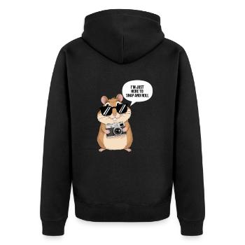 Photographe Hamster : Ici pour prendre des photos et rouler - Veste à capuche bio Premium Unisexe - noir - Dos - Nico (187cm)