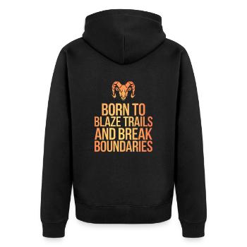 Widder Sternzeichen: Geboren, Um Grenzen Zu - Unisex Premium Bio Zip Hoodie - Schwarz - Hinten - Nico (187cm)