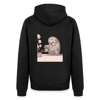 Gemütlicher Pflanzenliebhaber Faultier mit - Unisex Premium Bio Zip Hoodie - Schwarz - Hinten - Nico (187cm)