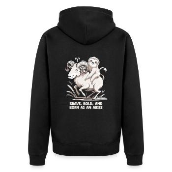 Mutig, Kühn Und Geboren Als Widder - Aries Zodiac - Unisex Premium Bio Zip Hoodie - Schwarz - Hinten - Nico (187cm)