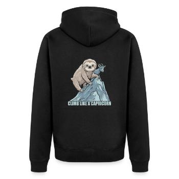 Klettere Wie Ein Steinbock: Sloth Motivation - Unisex Premium Bio Zip Hoodie - Schwarz - Hinten - Nico (187cm)