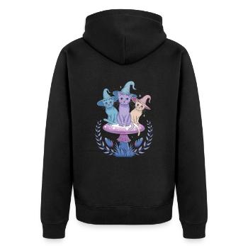 Verspielte Katzen mit Zauberhüten auf Fliegenpilz - Unisex Premium Bio Zip Hoodie - Schwarz - Hinten - Nico (187cm)