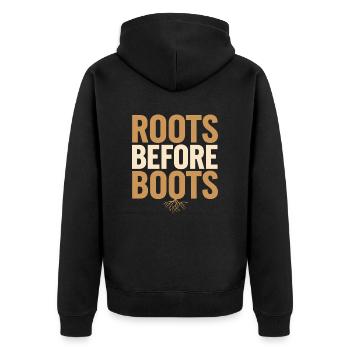 Wurzeln Vor Stiefeln: Vegan Vegetarisch Leben - Unisex Premium Bio Zip Hoodie - Schwarz - Hinten - Nico (187cm)