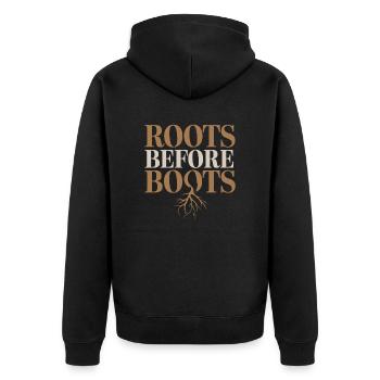 Roots Before Boots Vegan Vegetarian Statement - Unisex Premium Organic Zip Hoodie - black - Back - Nico (187cm)