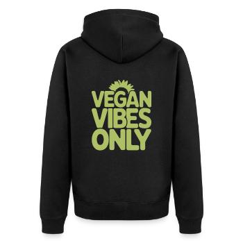 Vegan Vibes Only - Vegane Vegetarische Botschaft - Unisex Premium Bio Zip Hoodie - Schwarz - Hinten - Nico (187cm)