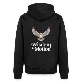 Weisheit In Bewegung Eule Motiv - Unisex Premium Bio Zip Hoodie - Schwarz - Hinten - Nico (187cm)