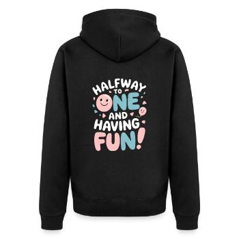 Half-year birthday: Halfway one and fun - Unisex Premium Organic Zip Hoodie - black - Back - Nico (187cm)