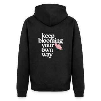 Keep Blooming Your Own Way Motivationsspruch - Unisex Premium Bio Zip Hoodie - Schwarz - Hinten - Nico (187cm)