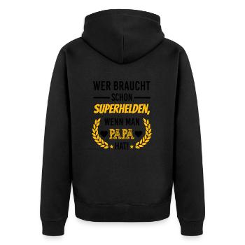 Wer braucht schon Superhelden, wenn man Papa hat - Unisex Premium Bio Zip Hoodie - Schwarz - Hinten - Nico (187cm)
