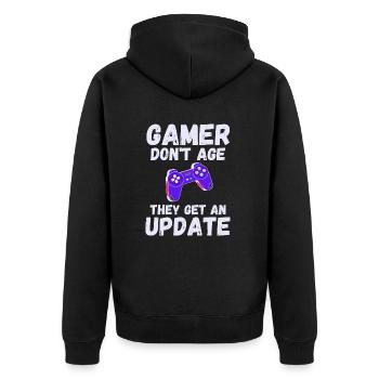 GAMER don't age they get an update Gaming - Unisex Premium Organic Zip Hoodie - black - Back - Nico (187cm)