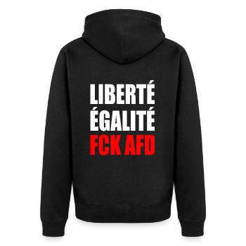 Liberté Égalité fck afd - Unisex Premium Bio Zip Hoodie - Schwarz - Hinten - Nico (187cm)