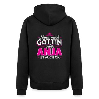 ANJA - Göttin - Unisex Premium Bio Zip Hoodie - Schwarz - Hinten - Nico (187cm)