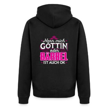 BÄRBEL - Göttin - Unisex Premium Bio Zip Hoodie - Schwarz - Hinten - Nico (187cm)