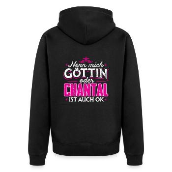 CHANTAL - Göttin - Unisex Premium Bio Zip Hoodie - Schwarz - Hinten - Nico (187cm)