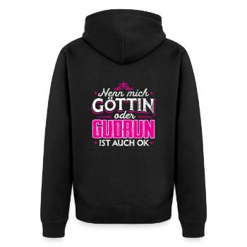 GUDRUN - Göttin - Unisex Premium Bio Zip Hoodie - Schwarz - Hinten - Nico (187cm)