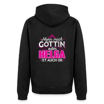 HELGA - Göttin - Unisex Premium Bio Zip Hoodie - Schwarz - Hinten - Nico (187cm)