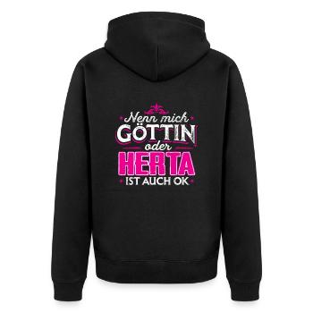 HERTA - Göttin - Unisex Premium Bio Zip Hoodie - Schwarz - Hinten - Nico (187cm)
