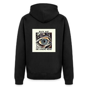 Blick auf die eigene Reise-beige - Unisex Premium Bio Zip Hoodie - Schwarz - Hinten - Nico (187cm)