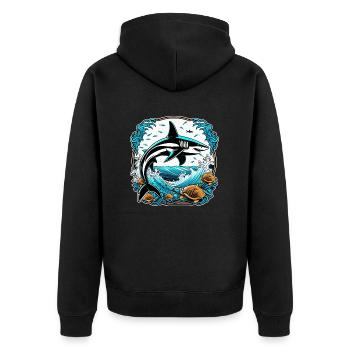 Hai - Unisex Premium Bio Zip Hoodie - Schwarz - Hinten - Nico (187cm)