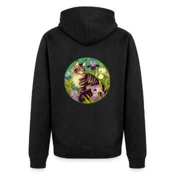 Braun getigerte Katze Iris - Unisex Premium Bio Zip Hoodie - Schwarz - Hinten - Nico (187cm)