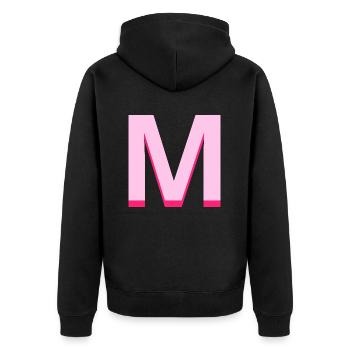 Pop- und moderner rosafarbener Buchstabe m - Unisex Premium Bio Zip Hoodie - Schwarz - Hinten - Nico (187cm)
