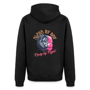 Löwe mit Kaugummi und Brille - Unisex Premium Bio Zip Hoodie - Schwarz - Hinten - Nico (187cm)