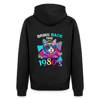 80er Jahre Outfit Kostüm Verkleidung mit Katze - Unisex Premium Bio Zip Hoodie - Schwarz - Hinten - Nico (187cm)