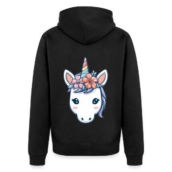 Einhornkopf mit Blumen, weiche Pastell-Fantasy-Kunst - Unisex Premium Bio Zip Hoodie - Schwarz - Hinten - Nico (187cm)