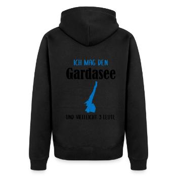Gardasee und 3 Leute – Das wahre Glück - Unisex Premium Bio Zip Hoodie - Schwarz - Hinten - Nico (187cm)