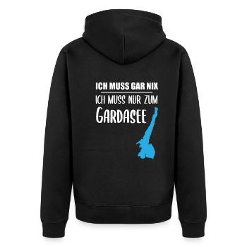 Gardasee-Pflicht – Der Rest ist Optional - Unisex Premium Bio Zip Hoodie - Schwarz - Hinten - Nico (187cm)