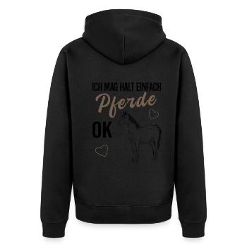 "Ich mag halt einfach Pferde OK" Liebe für Pferde - Unisex Premium Bio Zip Hoodie - Schwarz - Hinten - Nico (187cm)
