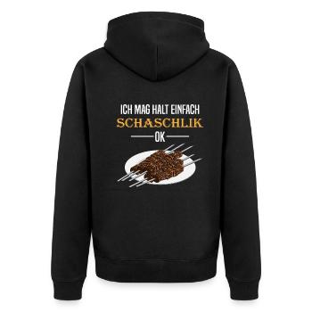 Schaschlik Direkt Ehrlich Spruch Geschenk - Unisex Premium Bio Zip Hoodie - Schwarz - Hinten - Nico (187cm)