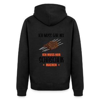 Schaschlik Pflichtfrei Entspannt Lebensmotto - Unisex Premium Bio Zip Hoodie - Schwarz - Hinten - Nico (187cm)