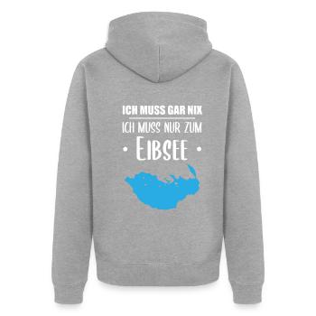 "Ich muss nur zum Eibsee" - Berge und See Design - Unisex Premium Bio Zip Hoodie - Grau meliert - Hinten - Nico (187cm)