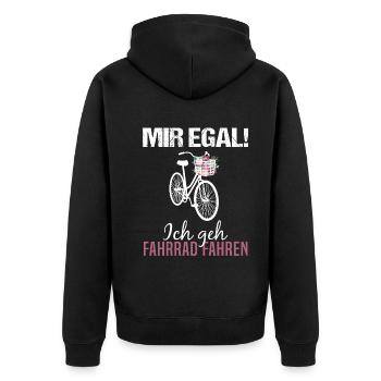 "Mir Egal! Ich Geh Fahrrad Fahren" Blumenmotiv - Unisex Premium Bio Zip Hoodie - Schwarz - Hinten - Nico (187cm)