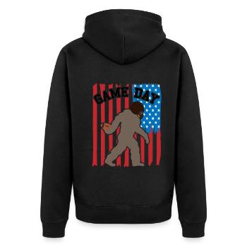 Bigfoot Patriot USA Flagge Hingucker - Unisex Premium Bio Zip Hoodie - Schwarz - Hinten - Nico (187cm)