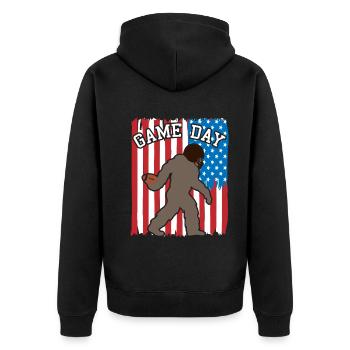Bigfoot Patriot USA Flagge Hingucker - Unisex Premium Bio Zip Hoodie - Schwarz - Hinten - Nico (187cm)