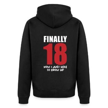 Offiziell Erwachsen - Und nun? - Unisex Premium Bio Zip Hoodie - Schwarz - Hinten - Nico (187cm)
