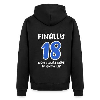 Offiziell Erwachsen - Und nun? - Unisex Premium Bio Zip Hoodie - Schwarz - Hinten - Nico (187cm)