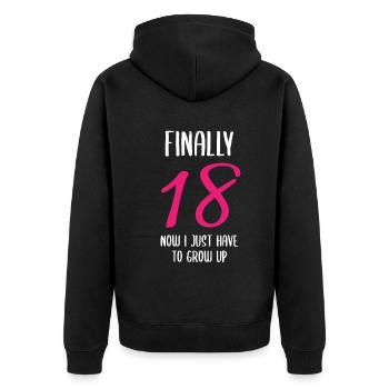 Offiziell Erwachsen - Und nun? - Unisex Premium Bio Zip Hoodie - Schwarz - Hinten - Nico (187cm)