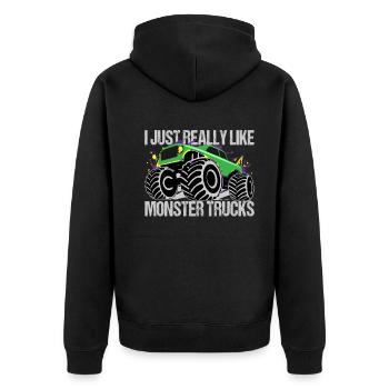 Green-Violet Monster Truck Showdown - Unisex Premium Organic Zip Hoodie - black - Back - Nico (187cm)