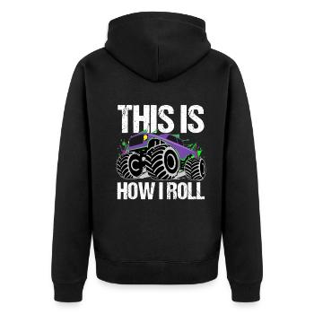Rollender Monstertruck Abenteuer Drang - Unisex Premium Bio Zip Hoodie - Schwarz - Hinten - Nico (187cm)