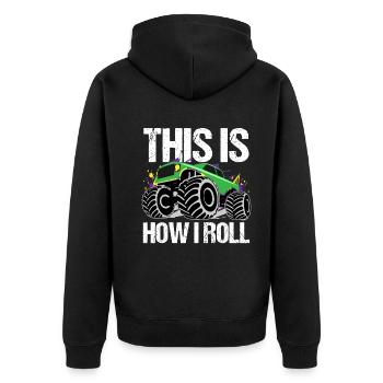 Rollender Monstertruck Abenteuer Drang - Unisex Premium Bio Zip Hoodie - Schwarz - Hinten - Nico (187cm)