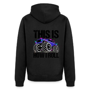 Rollender Monstertruck Abenteuer Drang - Unisex Premium Bio Zip Hoodie - Schwarz - Hinten - Nico (187cm)