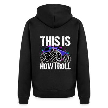 Rollender Monstertruck Abenteuer Drang - Unisex Premium Bio Zip Hoodie - Schwarz - Hinten - Nico (187cm)